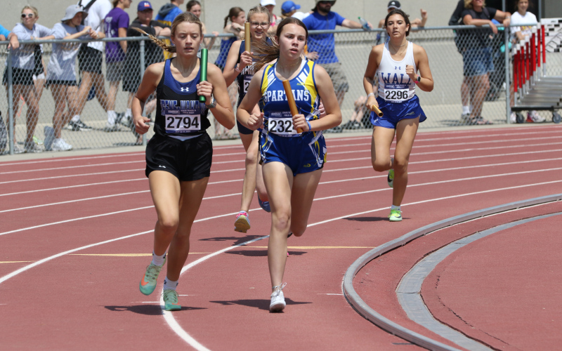 Both the girls and boys competed in the 2-mile relay. The girls team of Alyssa Grohs, Ashlyn Weber, Abby Kolousek, and Logan Mohling ran 10:49.79. The girls finished 19th of the 24 teams. Shown above is Ashlyn Weber. PHOTO COURTESY OF SOUTH DAKOTA PUBLIC BROADCASTING