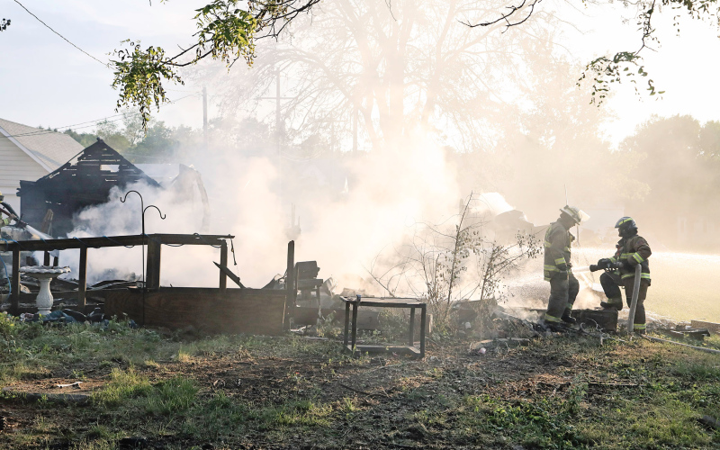 Firefighters work into the evening to fully extinguish the fire that destroyed the home of Jamie Linn located on State Avenue just north of Main Street in Wessington Springs. PHOTO BY KRISTI HINE / TRUE DAKOTAN