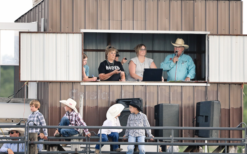 Rodeo timers and announcers are key when it comes to a successful rodeo. This year’s timers were Peg Fagerhaug (not pictured) and Lynette Amick (left). Announcer Alan Odden (right) kept the event going smoothly while Helen Paxton (center) kept the beat lively as the music master of the rodeo.