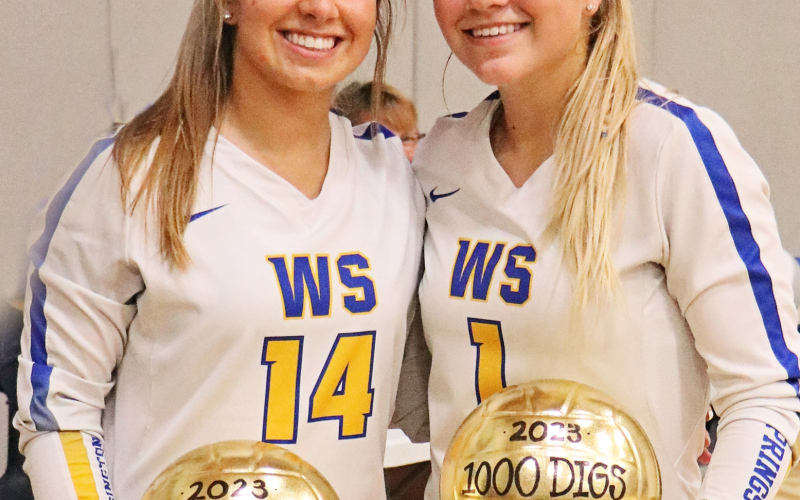 A pair of Wessington Springs High School seniors shared two special milestones in the Hansen Early Bird Volleyball Tournament’s first game vs. AC/DC: 2,000 career assists for Alyssa Grohs (left) and 1,000 career digs for Raylee Fagerhaug (right). PHOTO COURTESY CARMEN WEBER
