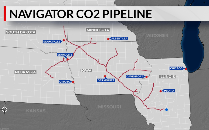 This map, based on information in March 2022, shows the proposed route of the 2,000-mile Summit Carbon Solutions CO2 pipeline that will carry pressurized carbon dioxide from ethanol plants to a sequestration site a mile underground in central North Dakota. IMAGE COURTESY KELO