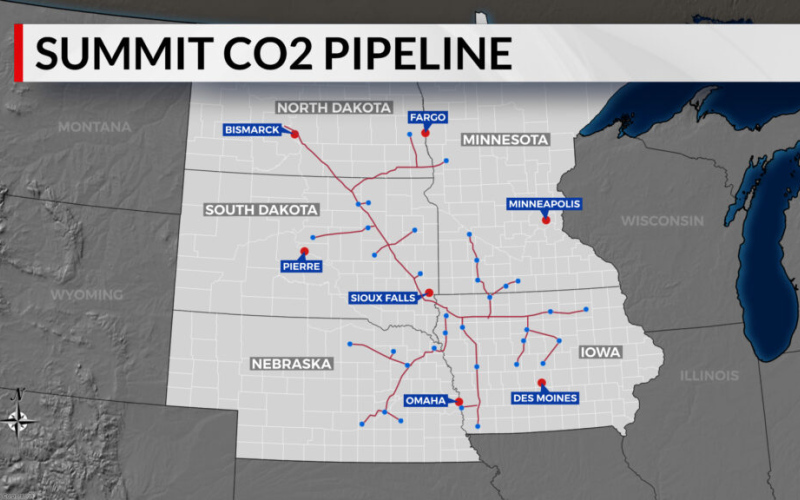 This map, based on information in March 2022, shows the proposed route of the 2,000-mile Summit Carbon Solutions CO2 pipeline that will carry pressurized carbon dioxide from ethanol plants to a sequestration site a mile underground in central North Dakota. IMAGE COURTESY KELO