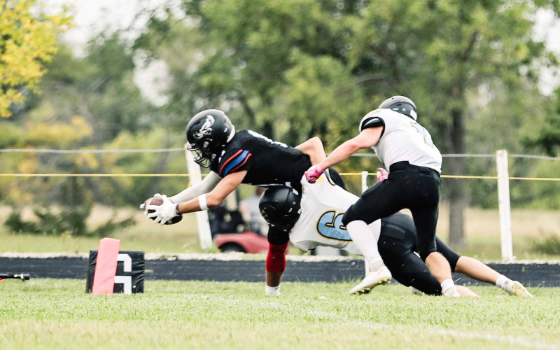 It was a 35-12 homecoming victory for the Woonsocket/Wessington Springs/Sanborn Central Blackhawks Friday over the Tripp-Delmont/Armor/Andes Central/Dakota Christian Thunderhawks in Wessington Springs. Ryder Michalek (11) led the Blackhawks with six catches for 127 yards and two touchdowns.