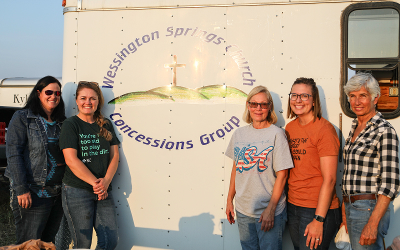 Responsible for feeding the large group of folks participating in the Kyle Evans Memorial Wagon Train are a robust group of volunteers from area churches. The Wessington Springs Church Concessions group not only served up a delicious cowboy supper Friday evening but also served breakfast before the wagon train headed out in the morning. Volunteers shown above are Erin Yost, Hope Wenzel, Connie Dougan, Laura Bergeleen and Jeannie Franceus.