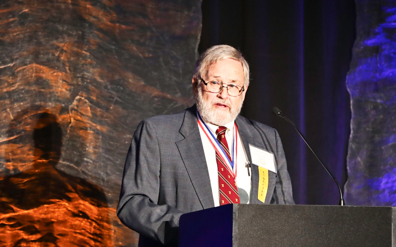 Dr. Tom Dean is pictured above during his South Dakota Hall of Fame acceptance speech at the banquet held at Arrowwood Cedar Shore Resort in Oacoma, SD. KRISTI HINE / TRUE DAKOTAN