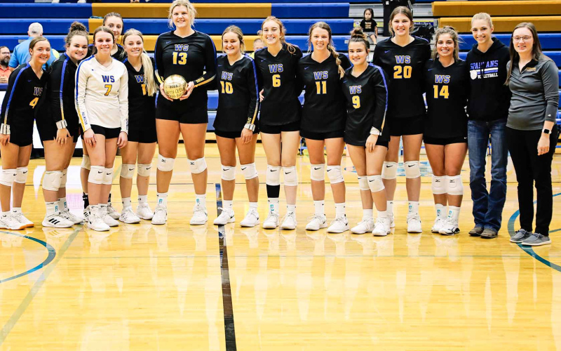 During Thursday night’s winning game against Lower Brule, Avery Orth (holding the golden volleyball) reached the impressive milestone of 1000 kills. Coach Lynn Damm said, “This is an awesome achievement...not something that a lot pf players are able to get. She’s unique in the fact that she’s a middle and can play back row as well. It’s a testament to her hard work that she’s also only 16 away from 1,000 digs (as of press deadline Tuesday).” PHOTO BY KACI ANSON FOR TRUE DAKOTAN.