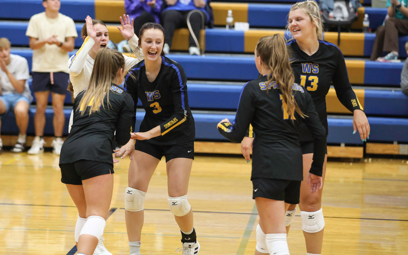 High-fives all around during last week’s Lady Spartans volleyball victory in Wessington Springs vs. Iroquois / Lake Preston. Shown clockwise from left are: Alyssa Grohs, Ashlyn Weber, Carissa Scheel, Avery Orth and Hannah Heezen.