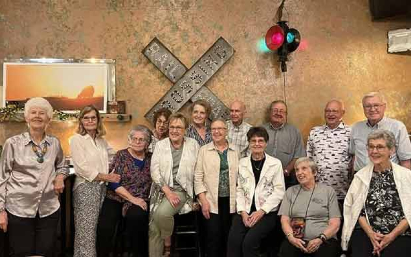 The WSHS graduating class of 1960 met on September 15, 2023 at Sweet Grass in Wessington Springs. Attendees are shown in the front row, left to right: Donna Lofton Pope, Rose Bleha Hof, Sharon Grabinski Easton, Sandy Neuharth Hins, Gretchen Unruh Johnson, Lorene Jenner Cavigielli, Marlene Olson Johnson, Phyllis Peck Higgins. Back row: Jeannie Mueller Endres, Cecile Simmons Knight, Tom Koth, Jerry Fastnacht, Dennis Hins and Melvin Radke.