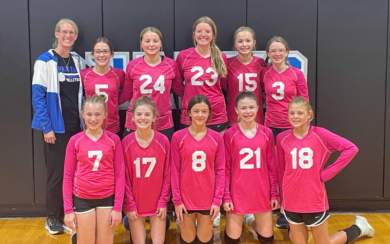 PHOTO COURTESY REGINA TEVELDAL On Saturday, October 21, the Junior High Spartans Volleyball team brought home first place at the Iroquois volleyball tournament. Shown left to right, back row are: Coach Sarah Larson, Kenzie Kolousek, McKynna Heim, Raygen Teveldal, Londyn Mikkelson, Madilyn Gaikowski. Front row: Tenley Olinger, Jalene Reiner, Brooke Mohling, Swayzee Dunsmore, Mika Hengtgen