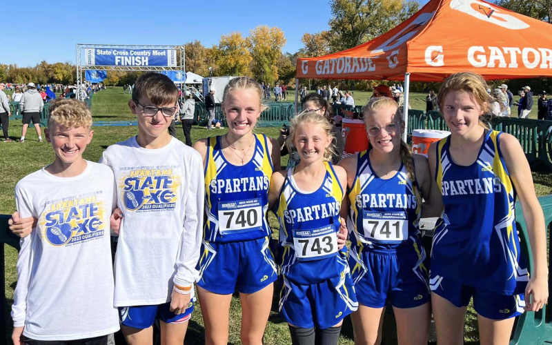 PHOTO COURTESY BECKY KRUEGER Shown left to right at the state cross country meet in Sioux Falls are: Tucker Thompson, Ranick Fjerstad, Abby Kolousek, Alexis Roesler, Ella Kolousek and Masynn Mebius.