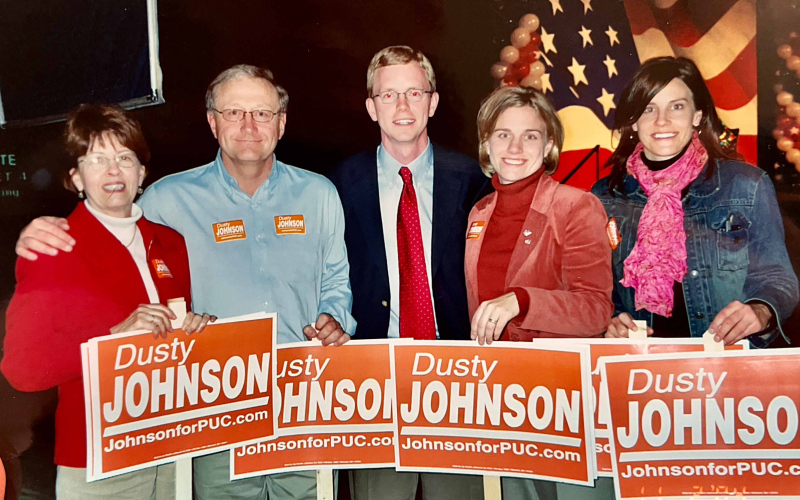 Dusty Johnson poses with wife Jacquelyn (second from right) and her family after being elected Public Utilities Commissioner at age 28 in 2004. He defeated Democratic incumbent Jim Burg. (Photo: Submitted)