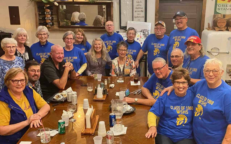 The WSHS Class of 1968 gathered at Sweet Grass in Wessington Springs during Homecoming Weekend 2023. Shown clockwise starting from near left: Sandra (Tripp) Schryer, Frank Pettrle, Nancy (Dean) Erickson, Paul (Spouse), Susan (Costello) Fenski, Kathleen (McEldowney) Grosz, Brenda (Krueger) Paul, Linda (Fink) Kinn, Lora Hawkins, Bruce Kraft, Pauline (Grohs) Kaus, Donna (Larson) Harmdierks, Dave Doering, Roger Hainy, Dennis Solberg, Monte Kaus (Spouse), Larry Olson, Ann (Lee) Olson, Pam (Wickre) Hainy.