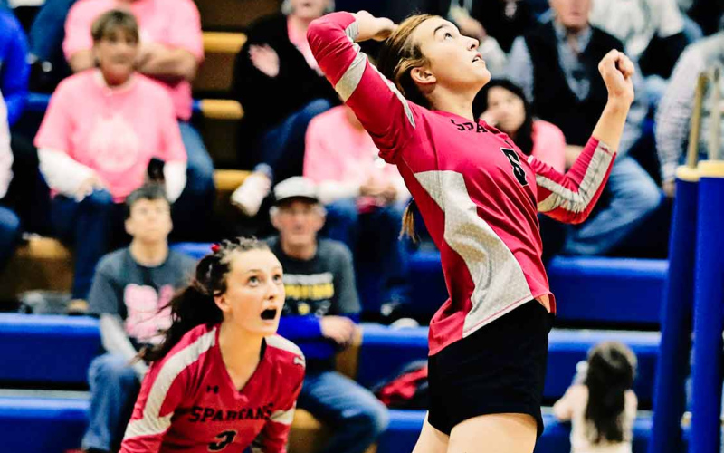 Caroline Witte sets up for a spike during volleyball action against Wolsey-Wessington.