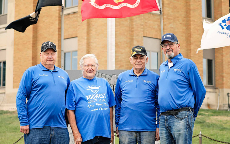 When four Jerauld County area Vietnam Veterans returned from their final tour on the Midwest Honor Flight earlier this fall, they were amazed at the welcome they received upon returning to South Dakota from Washington DC. Shown at the Jerauld County Veteran Memorial, left to right are: Herman Eilers, Dave Kogel, Bernie Maxwell and Gary Orth. KRISTI HINE / TRUE DAKOTAN