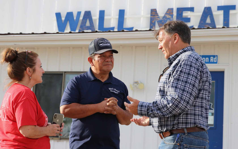 U.S. Sen. Mike Rounds, at right, met with Wall Meat Processing representatives during a recent visit to the plant. Rounds supports expansion of regional meat packing plants in the state. (PHOTO COURTESY SEN. MIKE ROUNDS)
