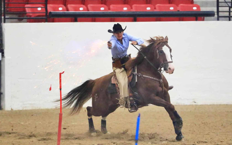 Kelli Shryock during mounted shooting action. PHOTO COURTESY QUIGLEY PHOTOGRAPHY