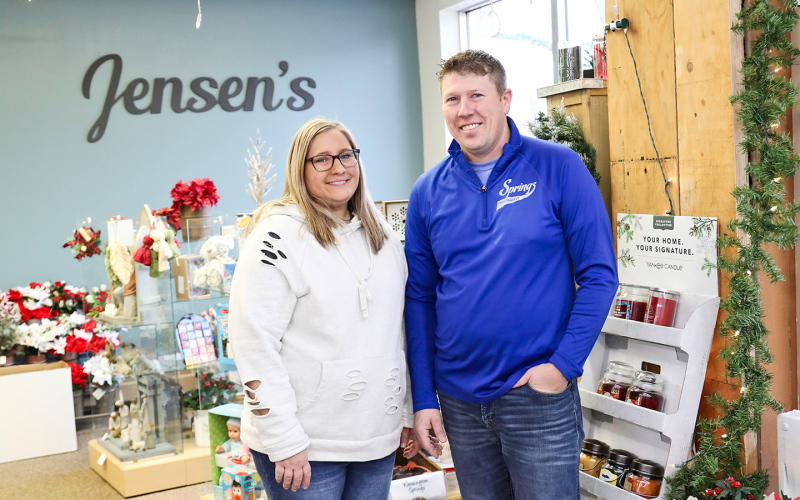 Lisa Younie and Ryan Jensen in the new entryway where the store occupies the former museum.
