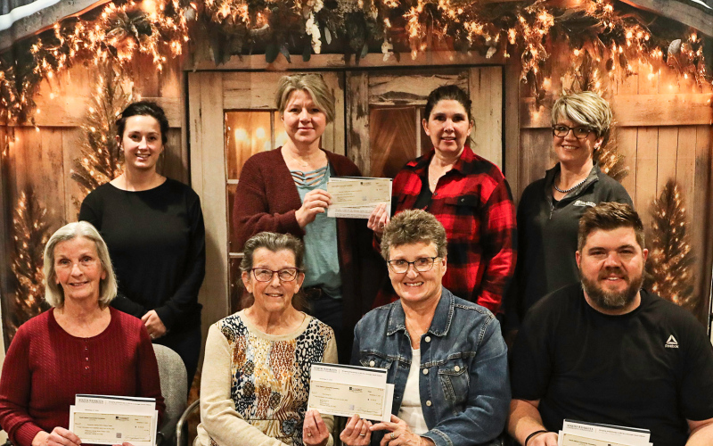 Shown left to right, back row are Bethany Schimke, WSACF Board Member, Loree Gaikowski on behalf of WSACD, Julie Bruckner, WSACF Board Member, Kari Fagerhaug WSACF Board member. Front row: Delia Atkinson on behalf of WS Senior/Community Center, Jean Ferguson and Joyce Krueger for Build Springs, Inc. and Cody Hasty representing Blackhawks Youth Football.