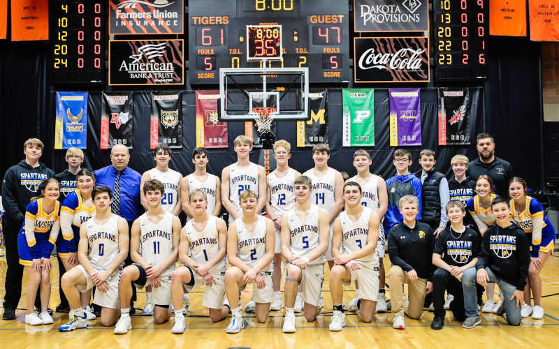 Spartans are the 2024 Boys 281 Conference Tournament Champions. Back row left to right: Grady Gran, Gavin Brandenburg, Coach Kenny Huether, Blake Miller, Sam Poncelow, Branden Flowers, Luke Larson, Brett Miller, Wesley Molnar, Ranick Fjerstad, Teagan Scheel, Tregen Jensen, Coach Cody Hasty. Front row left to right: Kennedy Kolousek and Tierney Knipfer. Karter Mebius, Ryder Michalek, Blake Miller, Parker Graff, Colby Flowers, Brock Krueger, Chaz Larson, River Huether, Keeton Hasty.