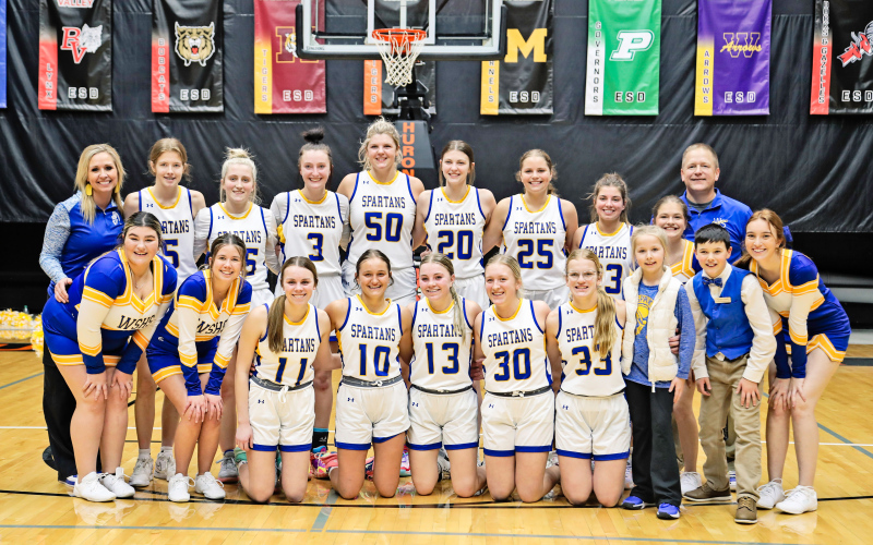 Spartans are the 2024 Girls 281 Conference Tournament Champions. Back row, left to right: Coach Jenna Mikkelson, Masynn Mebius, Kerstynn Heim, Carissa Scheel, Avery Orth, Addyson Orth, Kaitlyn Braun, Alyssa Grohs, Kennedy Kolousek, Coach Jason Kolousek. Front row, left to right: Tierney Knipfer, Jada Kolousek, Ashlyn Weber, Mariah Messmer, Raylee Fagerhaug, Kendall Kolousek, Ella Kolousek, Liberty Mikkelson, Houston Havlik, Caroline Witte.
