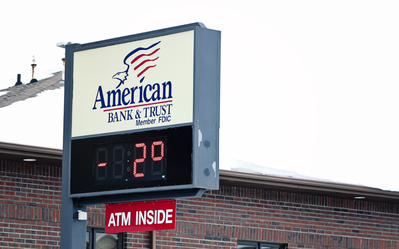 The American Bank &amp; Trust sign on Main Street in Wessington Springs shows a temperature of 2 below on Friday, January 12.