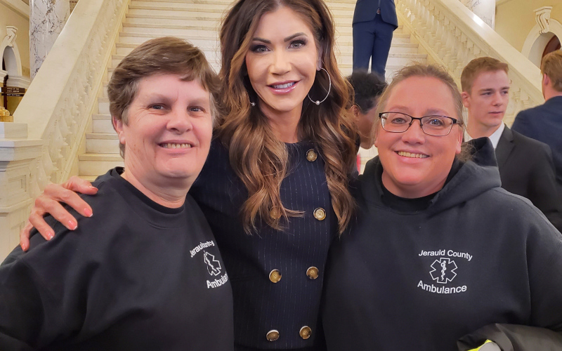 Jerauld County Ambulance Service’s Deb Doering (left) and Deb Fastnacht (right) with Governor Kristi Noem at EMS Day in Pierre.