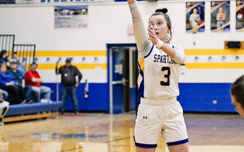 Carissa Scheel during region game play at home Tuesday vs Gregory. The Spartans 54-33 victory advance the girls to the semifinals. The Spartans take on No. 4 Tripp-Delmont/Armour (12-9) on Thursday at 6 p.m. in the Corn Palace in Mitchell.