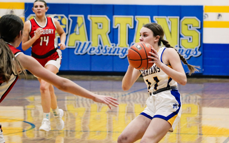Ashlyn Weber during region game play at home Tuesday vs Gregory. The Spartans 54-33 victory advance the girls to the semifinals. The Spartans take on No. 4 Tripp-Delmont/Armour (12-9) on Thursday at 6 p.m. in the Corn Palace in Mitchell.