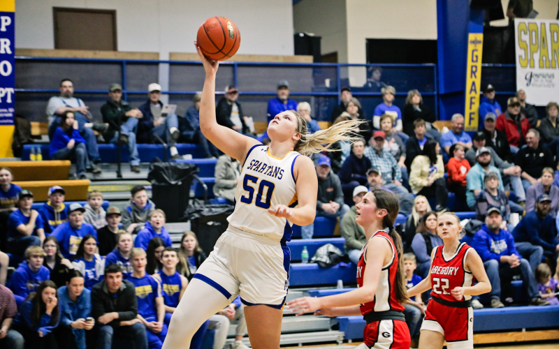 Avery Orth during region game play at home Tuesday vs Gregory. The Spartans 54-33 victory advance the girls to the semifinals. The Spartans take on No. 4 Tripp-Delmont/Armour (12-9) on Thursday at 6 p.m. in the Corn Palace in Mitchell.