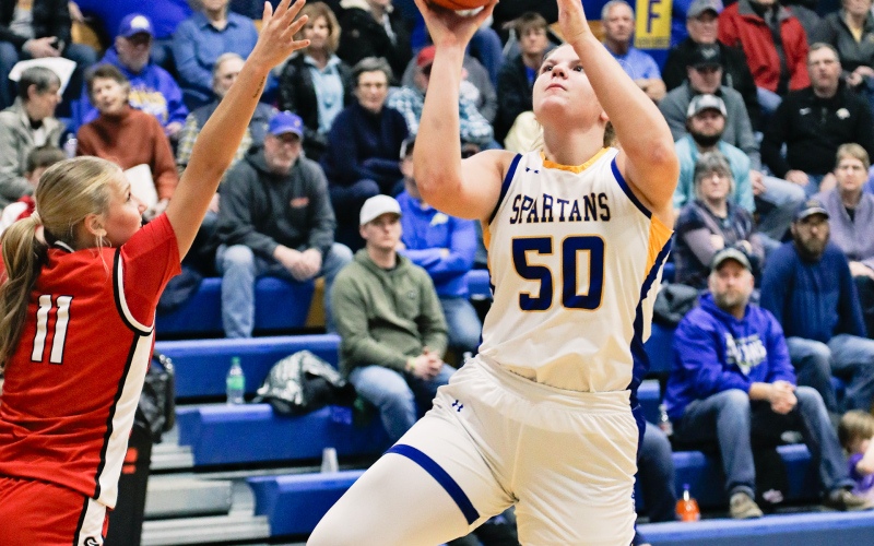 Avery Orth during region game play at home Tuesday vs Gregory. The Spartans 54-33 victory advance the girls to the semifinals. The Spartans take on No. 4 Tripp-Delmont/Armour (12-9) on Thursday at 6 p.m. in the Corn Palace in Mitchell.