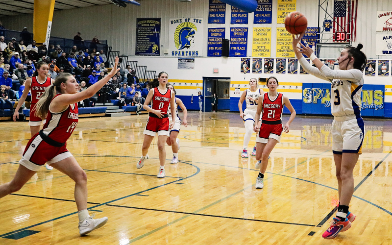 Carissa Scheel during region game play at home Tuesday vs Gregory. The Spartans 54-33 victory advance the girls to the semifinals. The Spartans take on No. 4 Tripp-Delmont/Armour (12-9) on Thursday at 6 p.m. in the Corn Palace in Mitchell.