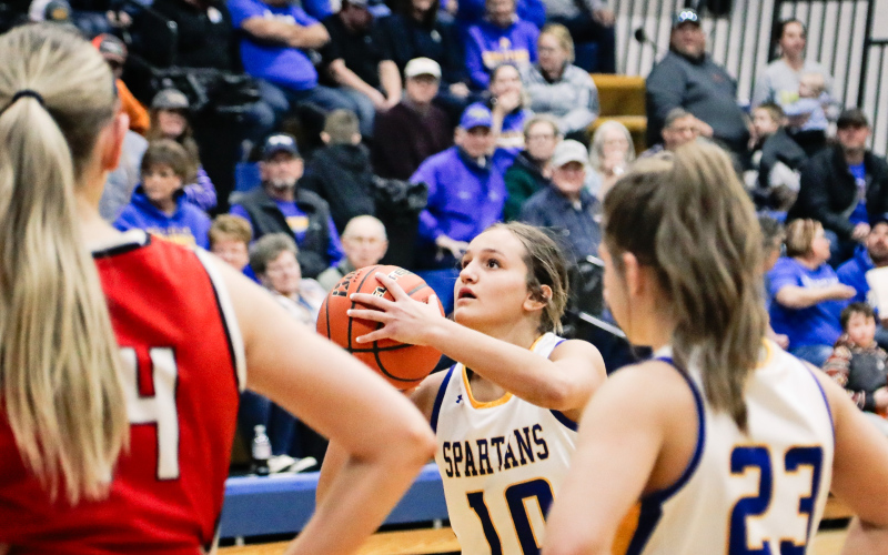 Mariah Messmer during region game play at home Tuesday vs Gregory. The Spartans 54-33 victory advance the girls to the semifinals. The Spartans take on No. 4 Tripp-Delmont/Armour (12-9) on Thursday at 6 p.m. in the Corn Palace in Mitchell.