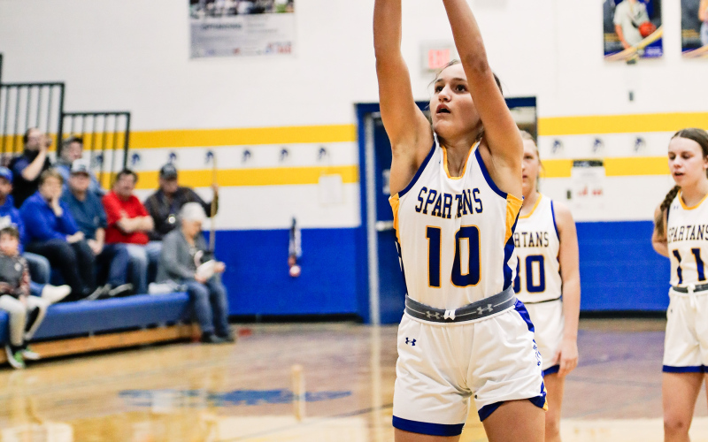 Mariah Messmer during region game play at home Tuesday vs Gregory. The Spartans 54-33 victory advance the girls to the semifinals. The Spartans take on No. 4 Tripp-Delmont/Armour (12-9) on Thursday at 6 p.m. in the Corn Palace in Mitchell.
