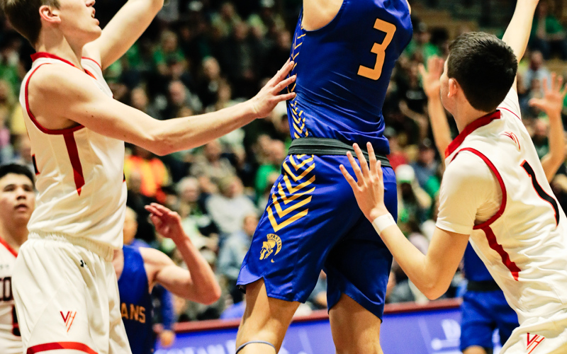 Senior Brock Krueger shown during Friday’s victory over Viborg-Hurley. “Brock showed the whole state how smooth he is and what an incredible rebounder he is,” Coach Kenny Huether shared.