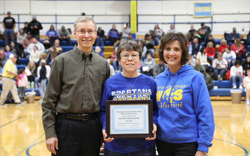 Representing the third annual class of hall-of-famers, 2024 WSHS Athletic Hall of Fame inductees were honored Friday, February 23 at the home double header basketball game. Shown with WSHS Athletic Hall of Fame Committee Member Julie Kraft is one of this year’s inductees, Dennis Christensen’s daughter Michelle Ablin and son Dave Christensen.
