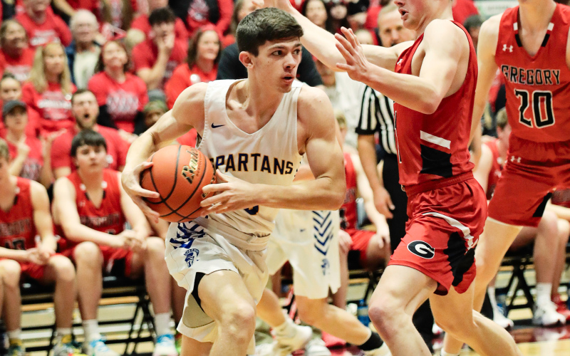 Karter Mebius on the court during State B basketball action in Aberdeen vs. Gregory. Coach Huether credits Mebius for knowing his role and playing it well. “Karter once again provided his very important sixth man role by playing good defense and hustling with some added rebounds and a couple steals."
