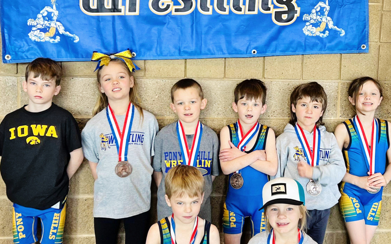 Nine Pony Hills wrestlers placed at state last weekend. Shown left to right, back row are Kaddilac Coleman (3rd place), Dally Nickels (4th place), Kash Woodin (8th place), Kix Coleman (5th place), McCrae Nickels (7th), Mary Tanke (2nd). Front row: Kactus Coleman (8th) and Presley Wilde (4th). PHOTO COURTESY EMMA WILDE