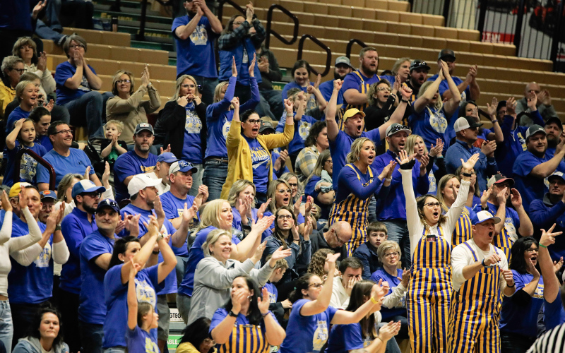 Spartans fans decked out in blue and gold cheer wildly as the Spartans gain the edge over Gregory, catapulting Wessington Springs forward to the consolation championship title.