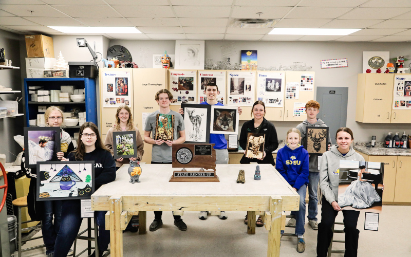 Shown left to right with their award-winning art are: Nichelle Kruse, Darcy Ormsmith, Alexis Roesler, Wynand Bothma, Brock Krueger, Haeleigh Mulder, Lily Roesler, JD Thompson and Ashlyn Weber.