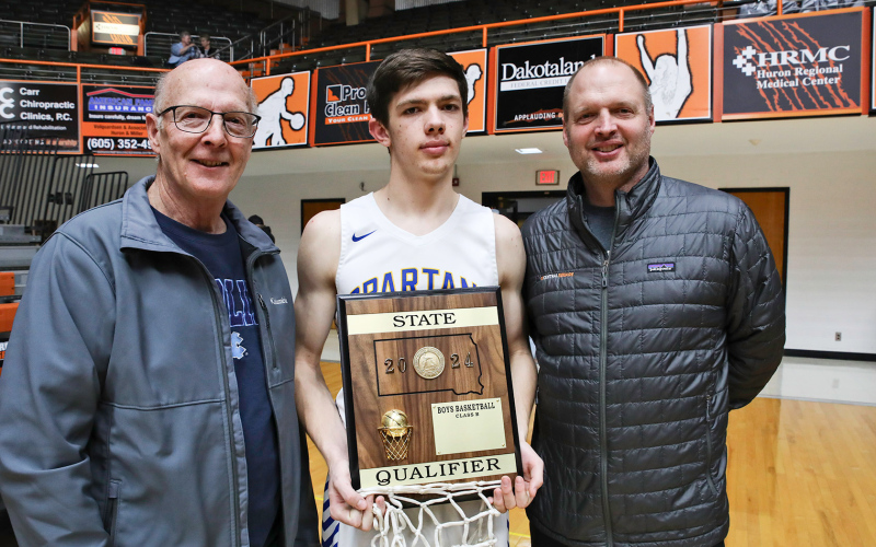 Mike, Karter and Darrin Mebius at the SoDak 16. This year marks three times to the state tournament for the Spartans with a Mebius on the roster each appearance: Mike in 1967, Darrin  in 1994 and now Karter in 2024.