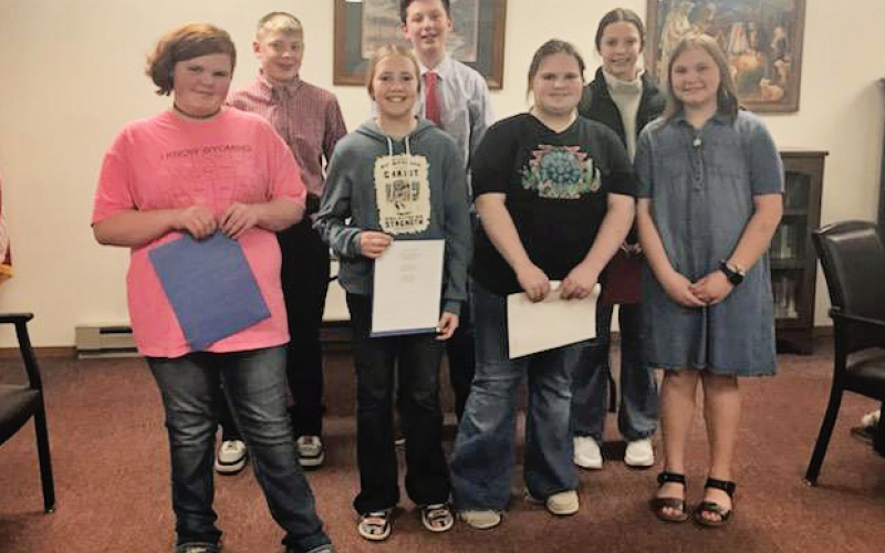Winners of the 2024 Willman-Fee Unit 14 American Legion Auxiliary Americanism Essay and Poem Contest are shown above. Back row, left to right: Wyatt Fagerhaug (6th grade), Gannon Culver (6th grade), Aunnika Heumiller (6th grade). Front row, left to right: Rayna Carothers (6th grade), Roslyn Klein (6th grade), Kambrie Eik (6th grade), Josie Arhart (5th grade.) PHOTO COURTESY CONNIE MCLAUGHLIN