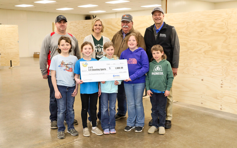 Central Electric Cooperative presented a $1,000 Operation Round-Up grant to J&amp;B 4-H Shooting Sports on April 10. Shown left to right, back row: Aaron Roesler, J&amp;B 4-H Shooting Sports Treasurer; Amber Kolousek, Operation Round Up Board Member; Mark Reindl, Central Electric Board Member; Ken Schlimgen, Central Electric Cooperative General Manager. Front row, left to right: J&amp;B Shooting Sports 4-Hers Myles Tanke, Torree Olinger, Crawleigh Reiner, Quinn Everson and Kershaw Reiner.