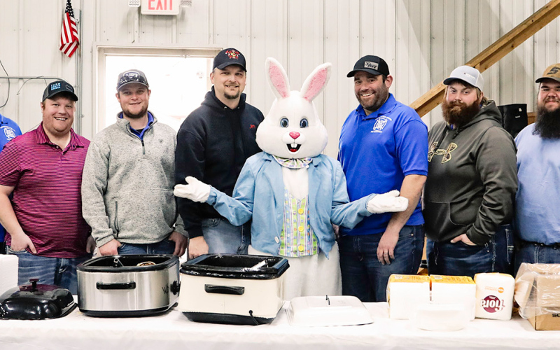 Wessington Springs Volunteer Fire Fighters, shown at their annual fundraiser “Pancakes for the Easter Bunny” last Saturday after serving up hundreds of locals and visitors a hearty breakfast of sausage and hot-off-the-griddle pancakes. Left to right: Mike Mebius, Kim Schultz, Mike Krueger, Chris Schimke, Blake Willman, Lucas VanEngelenburg, Jim Vavra, Easter Bunny , Eric Schroeder, Jake Krohmer, Arian Schooler, Pat Wetzel, Cody Barber, Bailey Willman, Ken Cudmore.