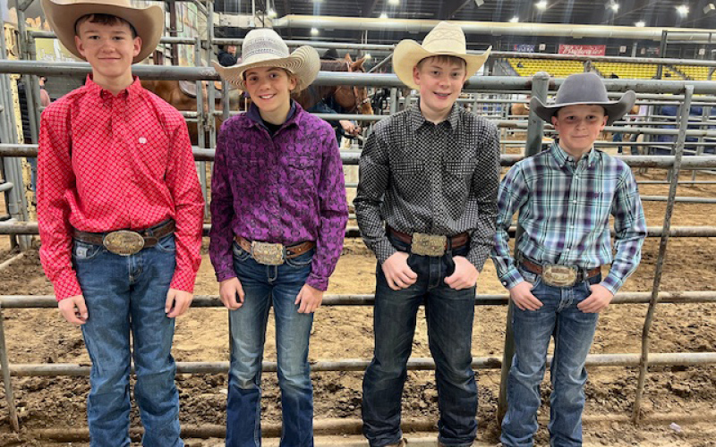 The Wessington Springs Junior High Rodeo Team competed in two regional rodeos over the weekend in Rapid City, SD. Shown left to right are: Hunter Heezen, Selah Havlik, Wyatt Fagerhaug, Hastin Heezen. PHOTO COURTESY REBECKA HAVLIK