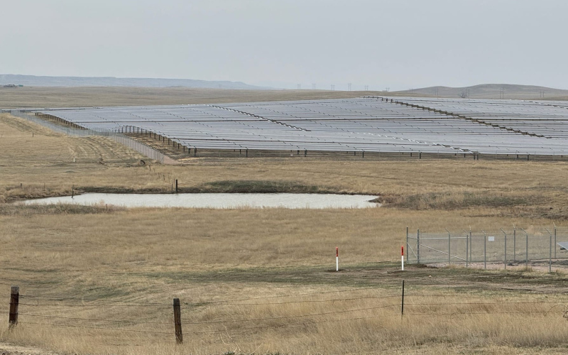 The solar power generated at the Wild Springs Solar facility south of New Underwood, S.D., uses an existing transmission station to get the energy onto the grid. (PHOTO: BART PFANKUCH / SOUTH DAKOTA NEWS WATCH)