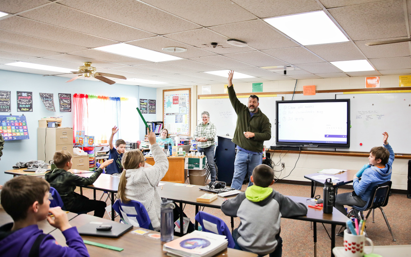 During Stewardship Week, Jerauld Conservation District, along with State Forester, Nathan Kaffer, visited 5th grade students (shown above) at Wessington Springs Elementary School and the Spring Valley Colony to educate them on the importance of conservation.