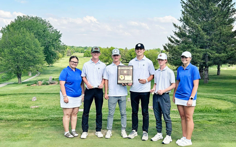 Spartans golfers shown at 2B regions held Monday at Rocky Run Golf Course in Dell Rapids, left to right are: Taylor Braun, Luke Larson, Blake Larson, Brock Krueger, JD Thompson and Kaitlyn Braun. PHOTO COURTESY JILL BRAUN