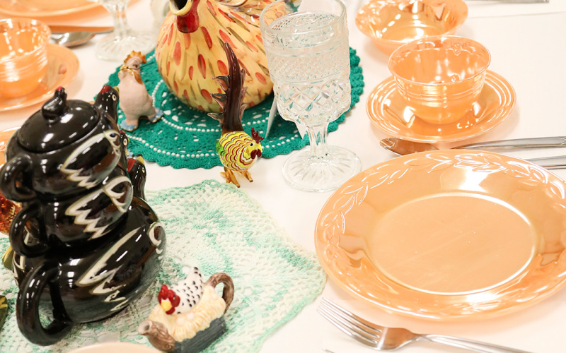 Sharon DiCarlo decorated two chicken-themed tables.