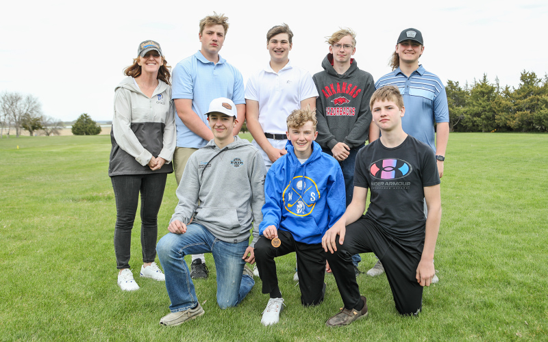 The junior varsity team is shown, back row, left to right: Coach Regina Teveldal, Grady Gran, Brett Miller, Gavin Brandenburg, Shayden Harmdierks. Front row, left to right: Teagan Scheel, Tucker Thompson, Ethan Amick.