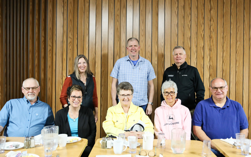 KRISTI HINE / TRUE DAKOTAN A small but mighty group gathered at the Springs Inn Cafe last Thursday to celebrate the 73rd Annual National Day of Prayer. Shown left to right, back row: Becky Easter, Pastor Mike Easter, City of Wessington Springs Mayor Brian Bergeleen. Front row, left to right: Phil Wipf, Pastor Cheri Van Gorp, Joyce Krueger, Jeannie Franceus, Rod Huisman.